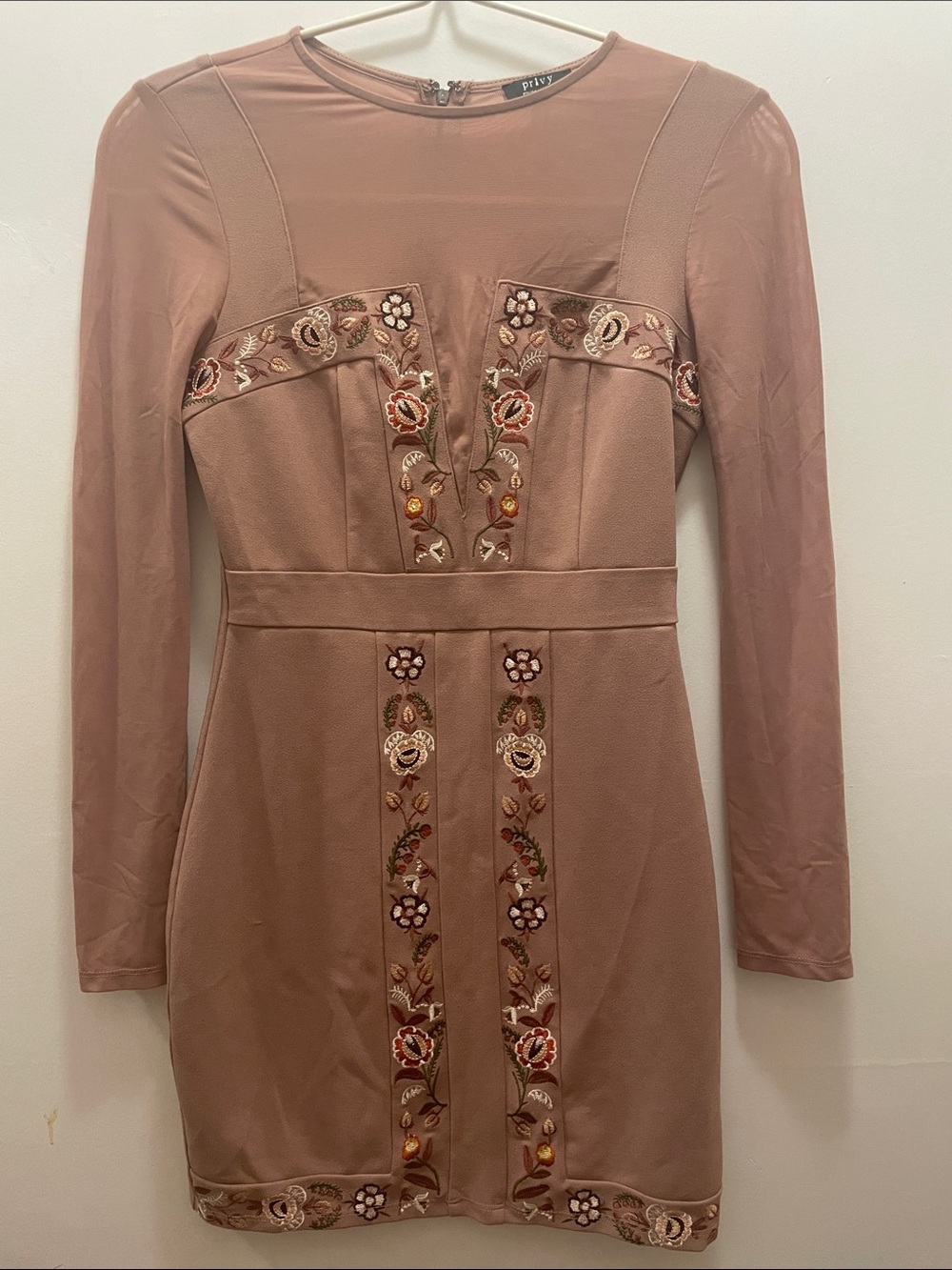 Pinky Dusty Rose Embroidered Long-Sleeve Dress